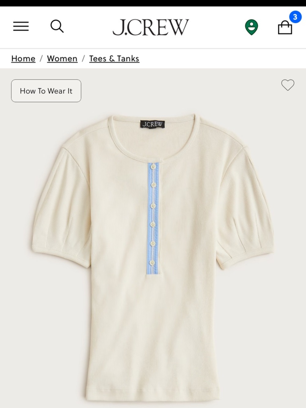 J. Crew Cream Short-Sleeve Henley with Blue Button Placket